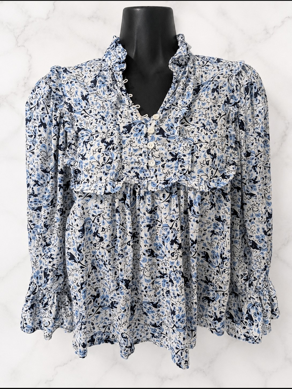 Francesca’s Blue Floral Ruffle Blouse Women’s Small Boho Cottagecore Puff Sleeve